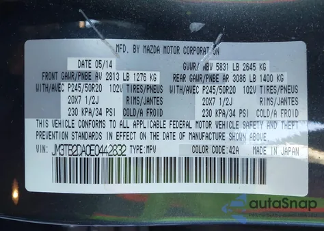 2014 Mazda Cx-9 Grand Touring from USA, damaged, VIN JM3TB2DA0E0442832